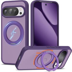 Compatible with Google Pixel 10/Pixel 10 Pro Case with 360 Magnetic Ring Stand [Compatible with Mag-Safe] Shockproof Translucent Phone Case 6.3" for Women Men, Purple