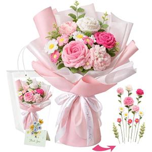 Handmade Crochet Flower Bouquet, Pink Rose & Carnation Knitted Flowers, Gift For Girlfriend, Birthday, Anniversary, Mother’s Day, Wedding Or Graduation (Includes Card) (Pink)