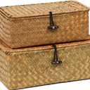 Set of 2 Wicker Basket with Lid, Seagrass Woven Basket for Storage, Decorative Storage Baskets Bins for Organizing Home (10.23" x 6.3" x 4.13"+ 9.05" x 5.11" x 3.34", Natural)