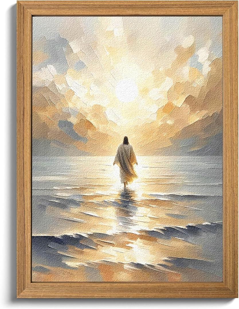 Framed 3D Textured Jesus Walking on Water Wall Art, Christian Bible Stories Wall Decor Paintings, Jesus Walks on Water on Water Back Posters Prints Pictures for Church Living Room Bedroom 16x24 Inch