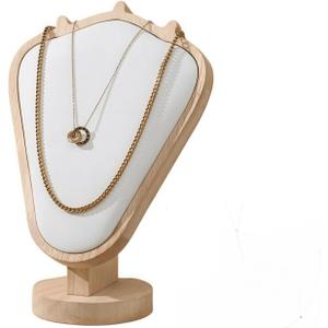 Natural Body Wood Necklace Display Stand with White Leather Soft Mat Necklace Holder Organizer Desktop Stand for Home Store Dresser-3.3"x5.8"x8.4"