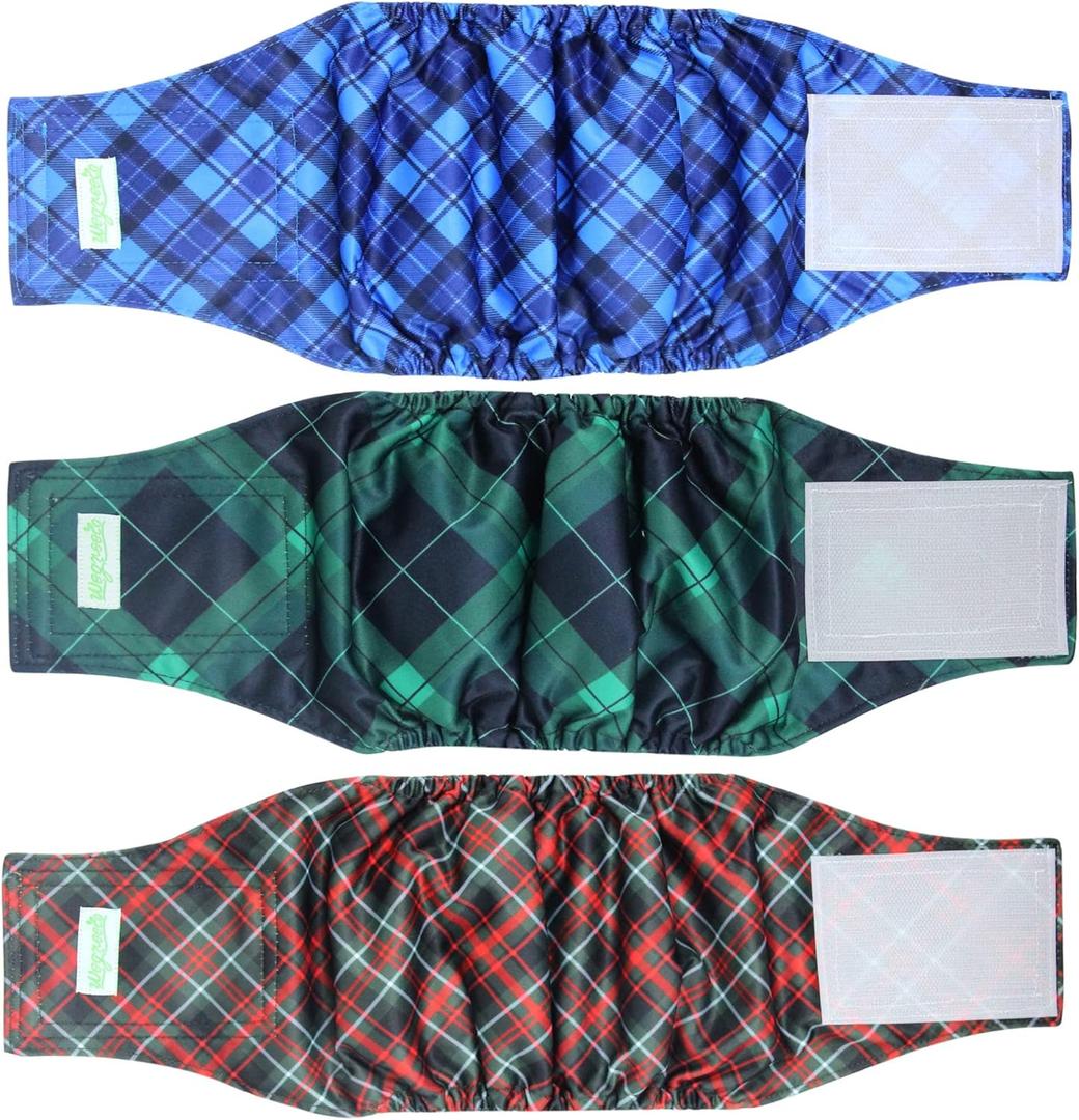 wegreeco Washable Male Dog Belly Band (Stylish Pattern)- Pack of 3 - Washable Male Dog Belly Wrap, Dog Diapers Male (Blue, Green, Red Plaid) (Large (18" to 21")