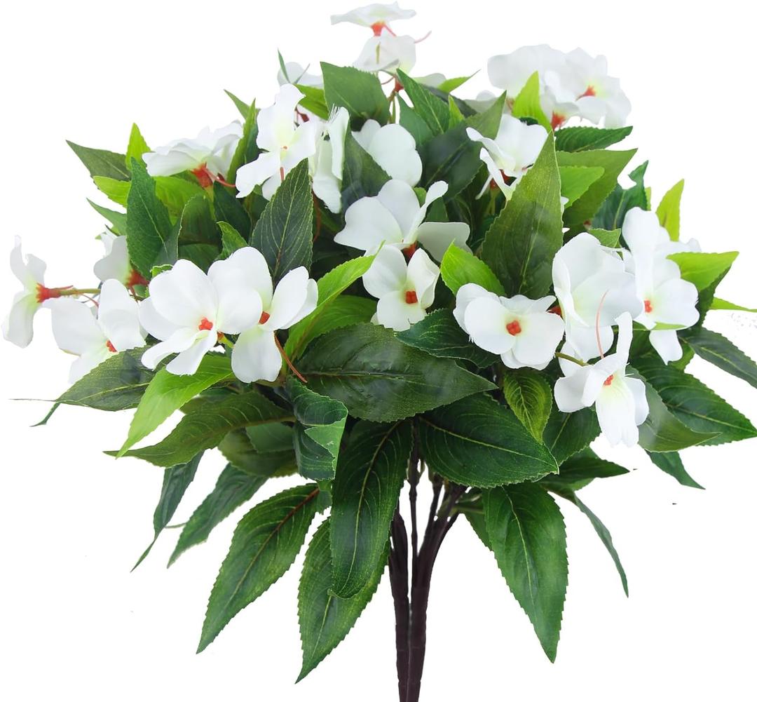 2 Pcs Artificial Impatiens Flowers for Outdoors Faux Impatiens Bushes White Silk Flowers Greenery Artificial Impatiens Bouquet for Patio Lawn Garden Pot Hanging Basket Porch Decoration