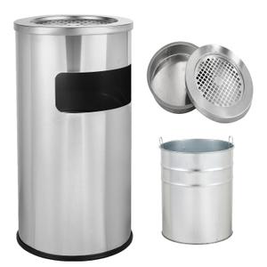 Outdoor Trash Can with Lid, Stainless Steel Garbage Can Commercial Silver Metal Round Waste Bin with Removable Inner Barrel for Patio Hotel Garden 11.8" x 24" (Sliver)