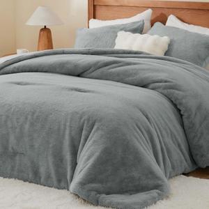 BEDELITE Faux Fur Fleece King Comforter Set - Fluffy & Warm Grey Comforter King Size Ultra Soft and Cozy Winter Bedding Set, Fuzzy Thick Bed Set,1 Comforter and 2 Pillowcases