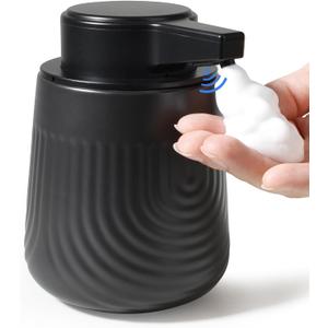 BosilunLife Ceramic Automatic Soap Dispenser with Extended Pump Nozzle, 3 Adjustable Levels, Touchless Foam Hand Wash Foaming Dispenser for Bathroom & Kitchen, Embossed Wave Design, Black, 10oz