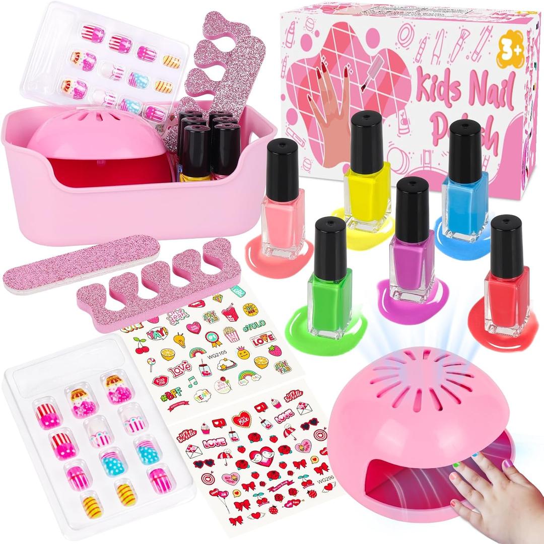 Kids Nail Polish Set for Girls, 14PCS Nail Art Kit with Nail Dryer, Non Toxic Nail Polish kit and Fake Nails for Kids, Girl Toys Age 6-8, Halloween Christmas Birthday Gifts for Girls 8-12