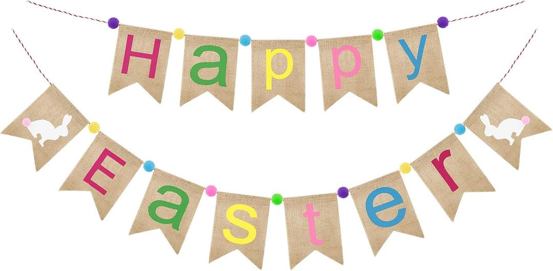 GCQQ Happy Easter Banner, No DIY Easters Bunny Banner Garland, Pastel Burlap Easter-Banners Decorations with Pompom Ball, Cute Easters Bunting Banners for Fireplace, Mantle or Outdoors Decoration