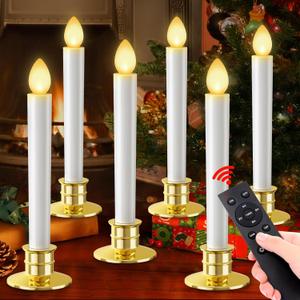Christmas Window Candles Lights 6 Pack Battery Operated Candles with Remote Control Timer Gold Holders Flameless Candle Taper LED Candle Christmas Decorations Window Decorations Party Xmas Table Top