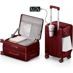 20IN Carry On Luggage,Top Opening Aluminum Frame Hardside 100% PC Airline Approved Suitcase -with TSA Lock,Cup Holder,USB Charge,Side Pothook, 360Spinner Wheels-Wine Red