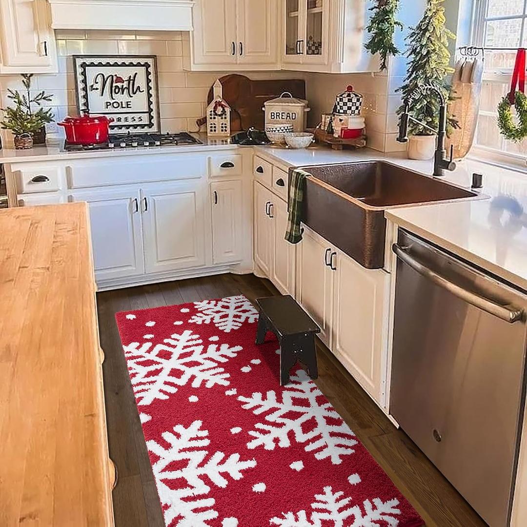 Estmy Red Snowflake Christmas Runner Rug 2x4.3, Cute Winter Seasonal Christmas Bathroom Runner Rugs Extra Long Bath Mat Non Slip Washable, Holiday Festive Xmas Area Runner Rugs for Kitchen Entryway