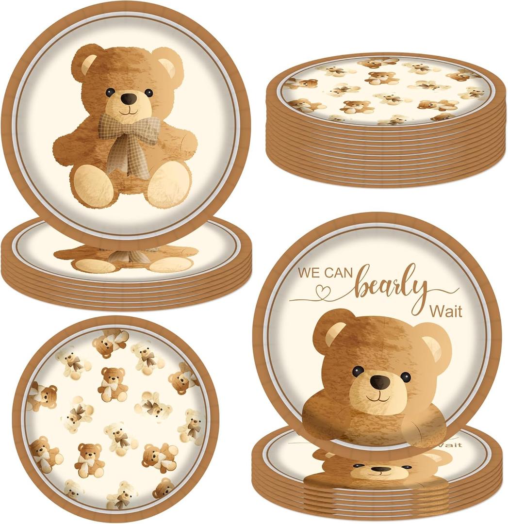 umoni Teddy Bear Paper Plates We Can Bearly Wait Baby Shower Party Supplies 48Pcs Bear Theme Party Dinnerware Plates Brown Birthday Tableware for Birthday Baby Shower Decorations