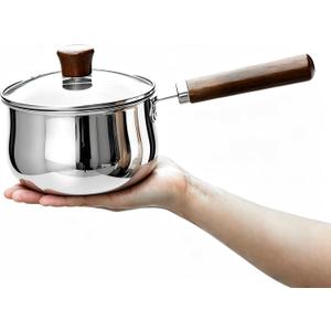 GREATLINK Small Sauce Pan with Lid and Wooden Handle for Cooking - 1 Quart Stainless Steel Saucepan with Pour Spout for Heating Milk, Melting Chocolate, Warming Sauces - Small Pot for All Cooktop