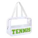 Sadnyy Tennis Gifts Cosmetic Makeup Bag with Chenille Letter Patch Clear Pouch PVC Waterproof Organizer Purse, Portable Tote Toiletry Storage Bag, Tennis Accessories for Sport Coach Women