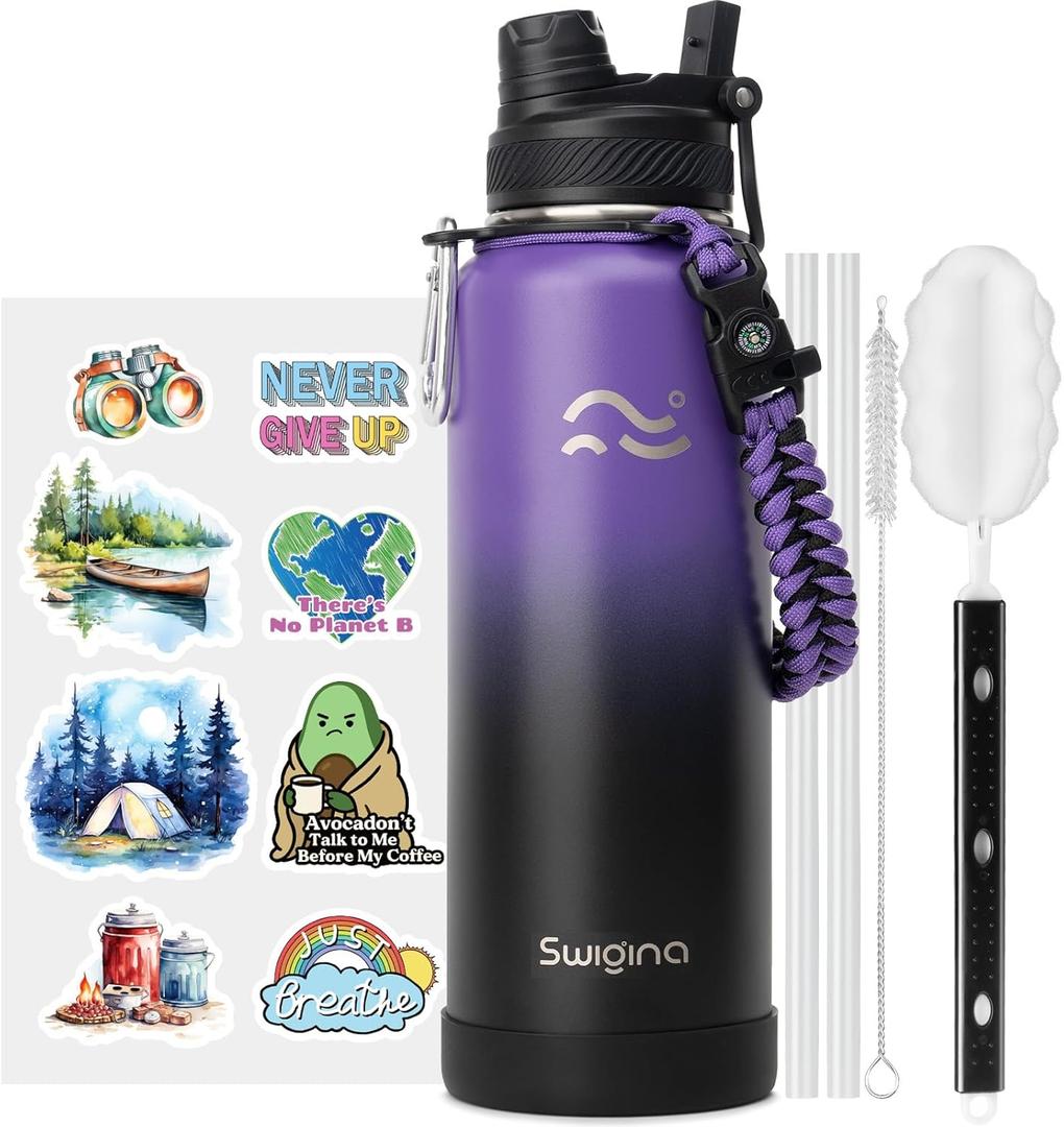 [2-IN-1 LID] Insulated Water Bottle with Silicone Boot (36hrs Cold/18hrs Hot) - DIY Stickers, Leakproof, BPA Free, 40 oz (Purple-Black)