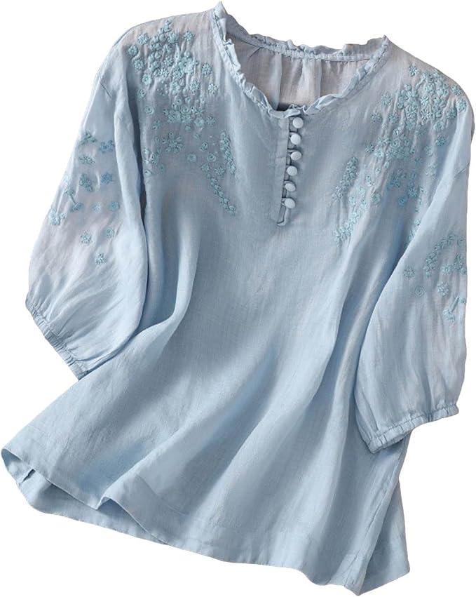 3/4 Length Sleeve Womens Tops Cotton Linen Button Loose Crew Neck Casual Boho Top Vintage Embroidered Blouse Tops, Size 4