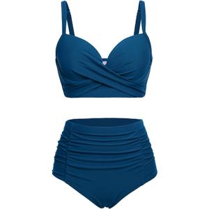 Yonique Women Underwire Bikini Set High Waisted Tummy Control Swimsuit 2 Piece Push Up Bathing Suit (Blue, XL)