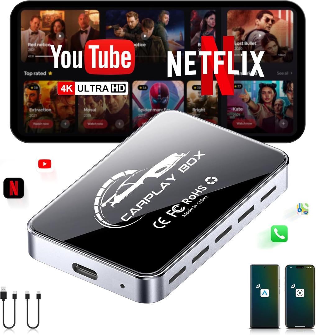 AI Box CarPlay, 3-in-1 Wireless CarPlay Adapter & Android Auto for OEM Wired Cars, Built-in Netflix/YouTube for Streaming, 5.8GHz WiFi, Convert Wired to Wireless, Plug & Play 4GB RAM+32GB ROM