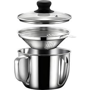 Hapivida Bacon Grease Container with Strainer, 35oz/1L Stainless Steel Oil Separator Saver with Fine Mesh Strainer Oil Filter Pot with Lid Fat Storage
