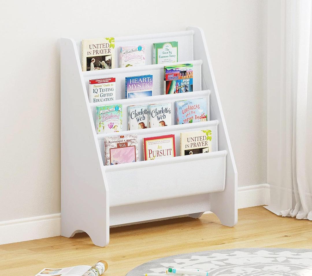 UTEX Kids Bookshelf Storage, Book Shelf for Kids Rooms, 4 Tier Sling Bookshelf for Kids, Toddler, Magazine Book Rack, Children Book Organizer, White, 12 Inches X 24 Inches X 28 Inches