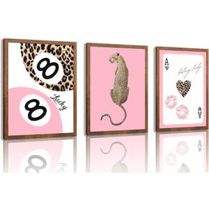 Trendy Leopard Canvas Wall Art Set of 3 - Pink Cheetah Prints Wall Decor Pictures, Funky Lucky You 8 Ball Poster Preppy Aesthetic Paintings, for Dorm Apartment Girls Bedroom 12x16 Inch Unframed