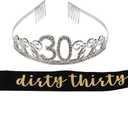 BLUE PANDA Happy Birthday Tiara and Sash Set - Rhinestone Queen Tiara with Dirty Thirty Satin Sash Decoration for 30th Birthday - Rhinestone Set - Dirty 30 Crown