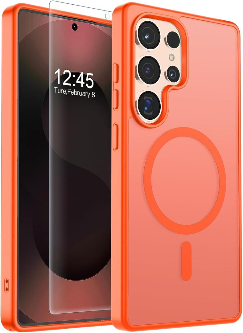 SUPFINE Magnetic for Samsung Galaxy S25 Ultra Case with Screen Protector, (Built-in Magnets) (Military Grade Drop Protection) Slim Translucent Shockproof Phone Case,Orange