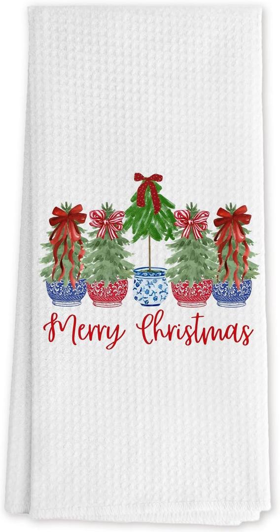 Red Bow Chinoiserie Christmas Tree Kitchen Towels, Blue and Red Porcelain Xmas Tree Decorative Hand Towels for Bathroom, Grandmillennial Christmas Dish Tea Towels for Kitchen, 16x24 Inch