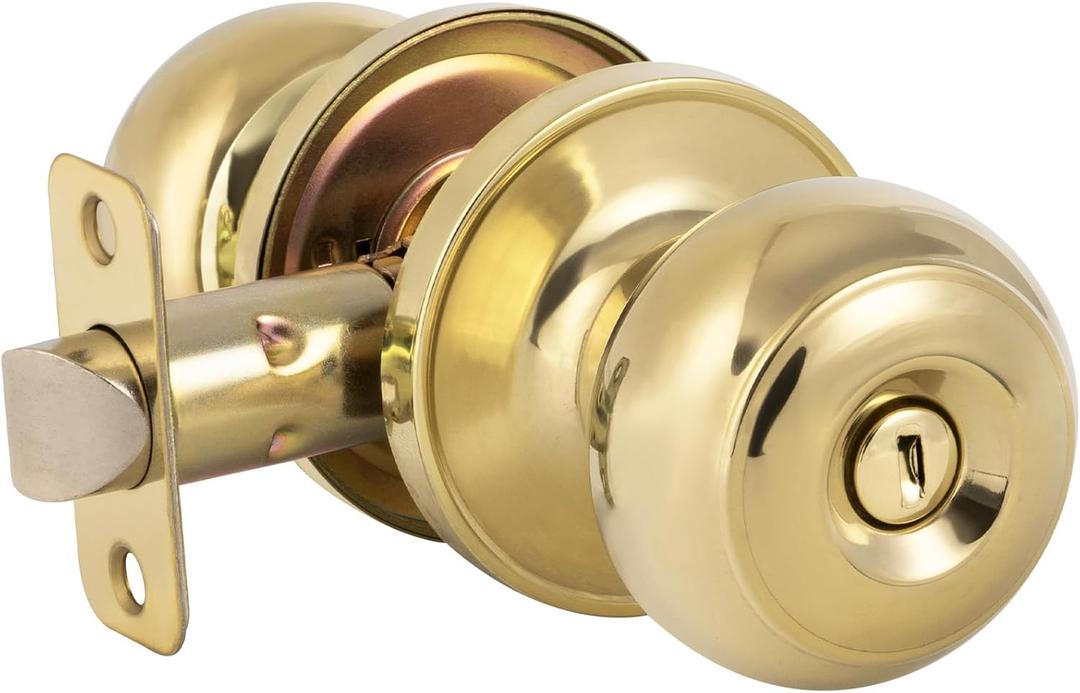 HOSOM Polished Brass Door Knob Privacy Door Knob with Lock, Interior Door Knobs for Bedroom and Bathroom, Keyless Doorknob with Round Ball, Gold Door Handle, 1 Pack