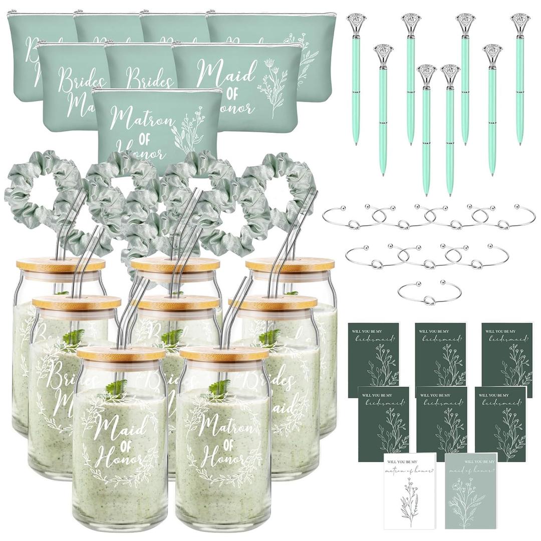 Irenare 48 Pcs Bridesmaid Proposal Gifts Maid of Honor Gifts Bridal Shower 16oz Glass Cups Cosmetic Makeup Bags Invited Cards Scrunchies Hair Knotted Bracelets Diamond Pens (Green)