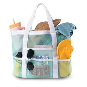 Genteen Mesh Beach Bag,Large Beach Totes for women Large Foldable Mesh Swimming Pool & Vacation Essentials Bag (Green White)