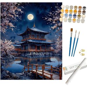 Moonlit Temple Paint by Numbers Kit for Adults - DIY Traditional Japanese Architecture Painting on Rolled Canvas 16x20 Inches, Acrylic Paint Set, Suitable for Beginners, for Home Decoration or Gifts