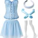 Halloween Adult Princess Costume Set Include Corset Tiara Puffy Mini Skirt Long Satin Gloves Knee High Socks (X-Large, Blue)
