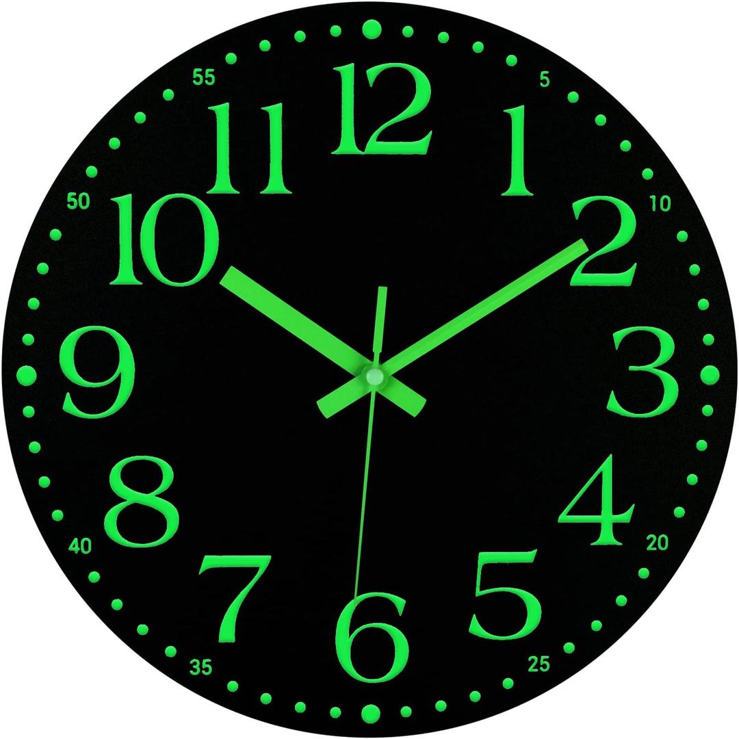 JoFomp Wooden Glow in The Dark Clock, 10 inch Silent Non-Ticking Battery Operated Clock, Energy-Absorbing Luminous Numerals and Hands, Lighted Wall Clock Decoration (Black, 10 INCH)
