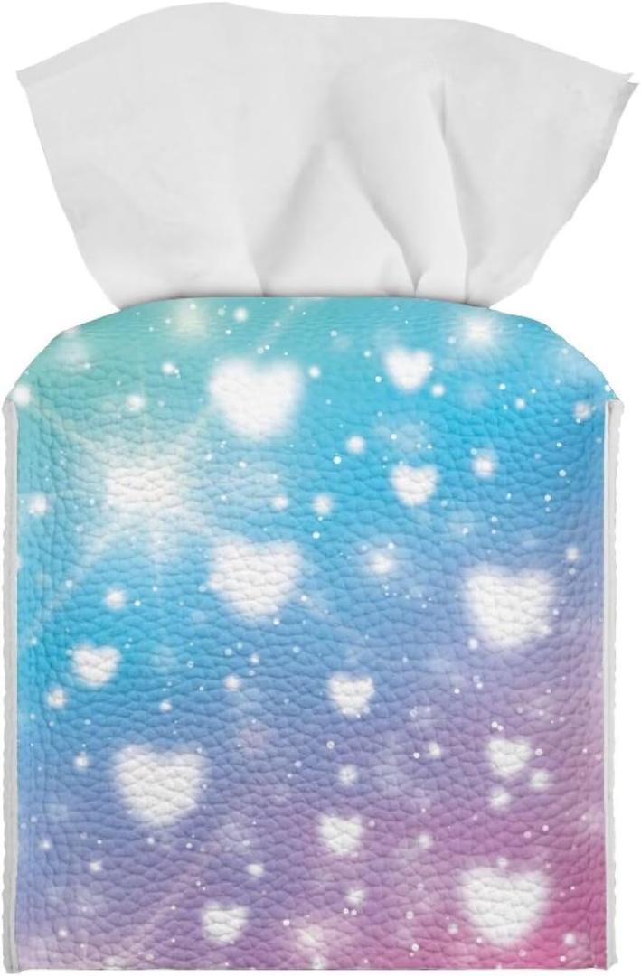 Colored Heart Pattern Tissue Box Cover Happy Mother's Day PU Square Tissue Box Magic Sticker Tissue Holder for Home Coffee Table Decor Room Office Decor 5.1 x 5.1 X 5.5 Inch