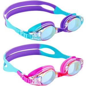 Aegend 2 Pack Kids Goggles, Swimming Goggles for Kids Age 4-16 Boys and Girls Youth, Anti-Fog Waterproof Anti-UV Pool Goggles (Pink Purple & Blue Purple)