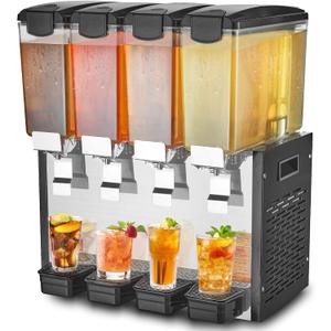VEVOR Commercial Beverage Dispenser, 4 Tanks Juice Dispenser, 10 L / 10.6 QT Per Tank, 430W Stainless Steel Ice Tea Drink Machine with 45℉ to 54℉ Cooling Temp, for Cold Drink Restaurant Bar Party
