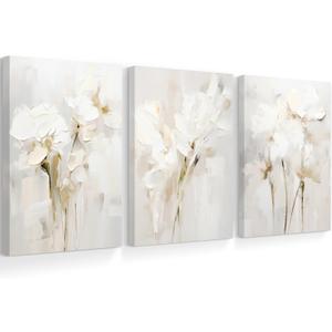 Neutral Wall Art Abstract Floral Canvas Pictures Beige Flower Wall Decor Modern Painting Minimalist Poster Abstract Botanical Prints White Artwork for Bedroom Living Room 16x24x3 Inch Ready to Hang, 16"x24" Wrapped Canvas