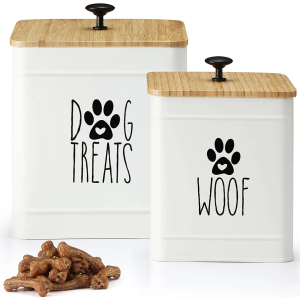 PERFNIQUE Dog Treat Container, Airtight Dog Treat Jar Set of 2, Dog Cookie Jar for kitchen Counter, Pet Treat Container, Dog Treat Canister and Storage, 7.8x6.2 & 7.3x5.5(White)