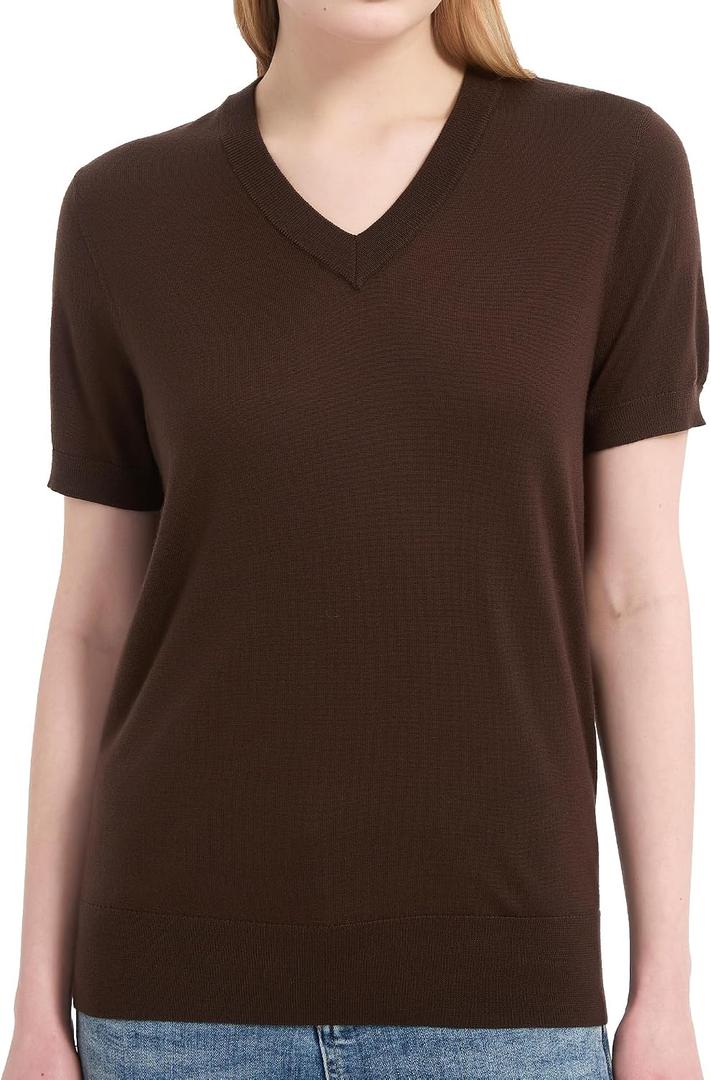 Women's 100% Merino Wool Sweaters Short Sleeve V Neck Sweater T-Shirt Business Summer Pullover Tops Vacation Outfits (Brown, L)