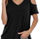 Buauty Women's Summer Trendy Shirts V Neck Criss Cross Cold Shoulder Tops Solid Color Fashion Casual Loose Sexy Blouse (Black, M)