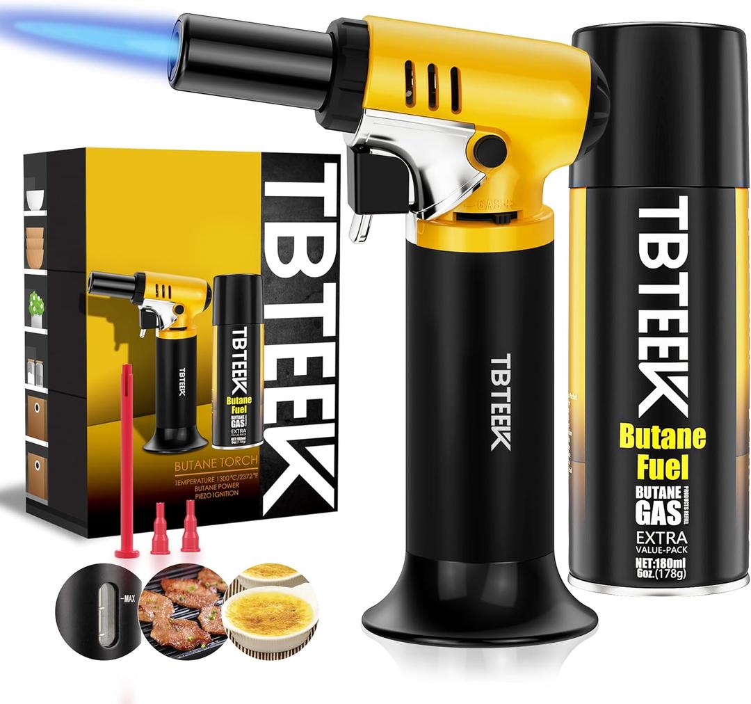 TBTeek Torch Lighter with Butane Included, T907 Butane Torch with 180ml Fuel Refill, Refiilable Kitchen Torch Lighter with Adjustable Flame for BBQ, Brulee Creme, Crafts and Soldering (1 Can)