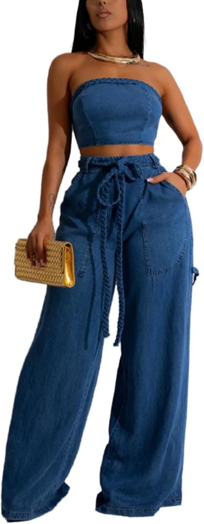 Women's Denim 2 Piece Outfit Sleeveless Bodycon Tube Top Wide Leg Pants Set Summer Vintage Jeans Going Out Tracksuit (L)