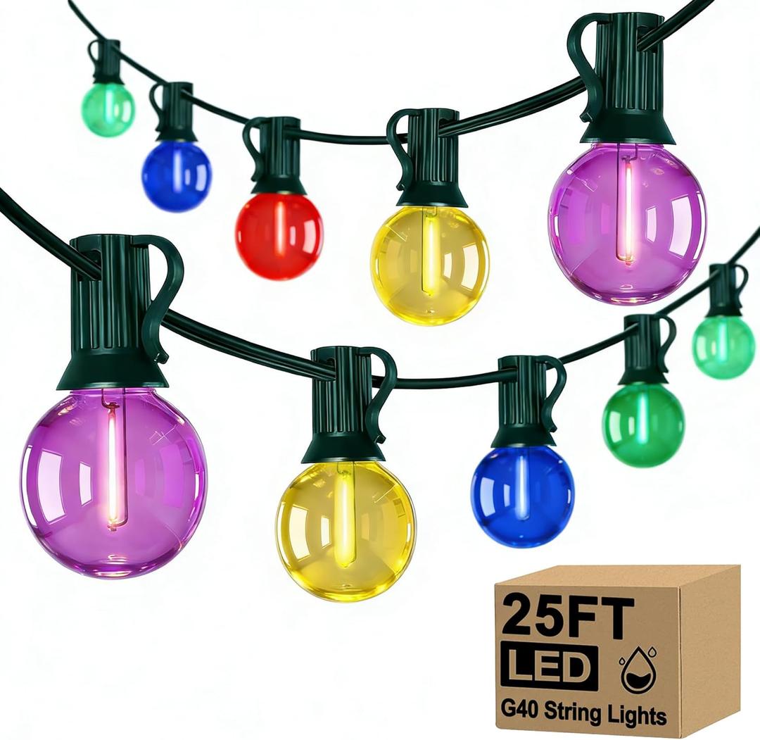 25Ft LED Christmas Outdoor String Lights, G40 Globe Lights with 27 0.6W Clear Multicolor Bulbs, Vintage Christmas Lights for Holiday Party Backyard Wedding Garden Patio Porch Decor, Green Wire