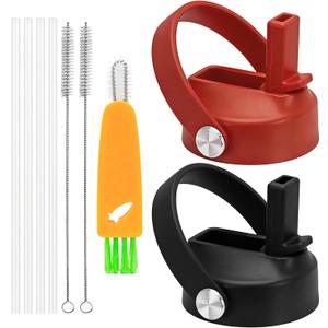 Straw Lid for Hydro Flask Wide Mouth,2PACK Lids with Straw for Hydroflask 12 16 18 20 32 40 oz Wide Mouth,Leak-Proof Drinking Cap with Flexible Handle,Top Sport Bottle Lids with Lid Brush (Black+Red)
