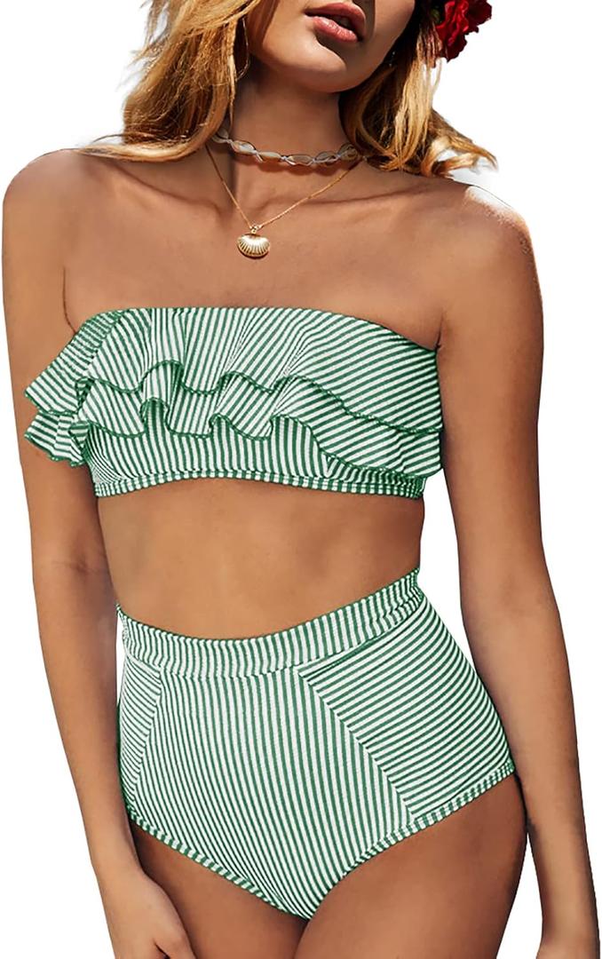 Saodimallsu Women High Waisted 2 Piece Bikini Set Bandeau Ruffle Swimsuit Top Striped Bathing Suits (Medium, Grass Green)