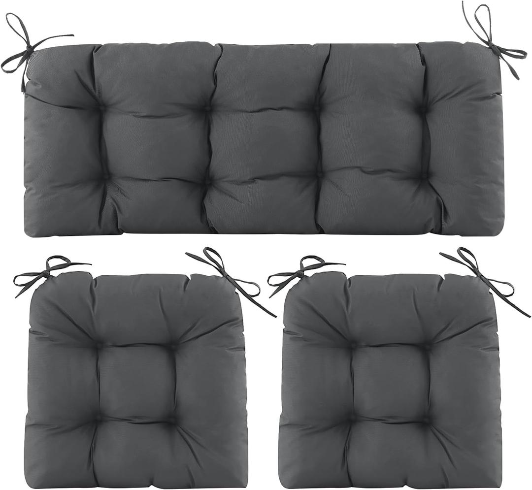 Wicker Chair Cushions of 3 Pieces, Waterproof Cushions for Patio Furniture, Tufted Wicker Outdoor Furniture Cushions, 1 Patio Loveseat Cushion and 2 U-Shaped Cushions, 44"x19"x5", Dark Grey