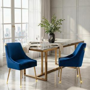 Dining Chairs Set of 2, Velvet Upholstered Modern Dining Chair with Elegant Gold Metal Legs, Mid-Century Dining Room Chair for Living Room(Blue)