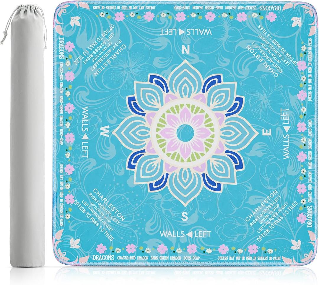 Mahjong Mat for Table 32.4''x32.4'', Rolled Shipping, No Creases Mah Jongg Mat with Carrying Bag for American Mahjong, Poker, Board Games, Card Games & Dominoes - Cyan