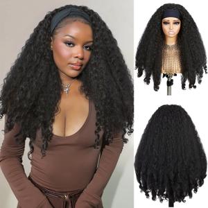 Quantum Love Yaki Curly Headband Wigs for Black Women New Afro Curls Synthetic Braided Hair 24Inch Wear and Go Kinky Curly Glueless Headband Wig with Bouncy Curls
